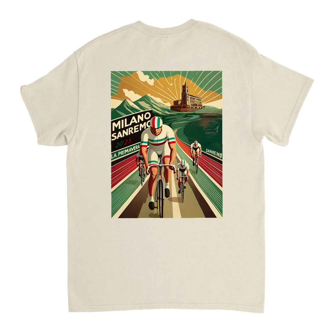 T-shirt featuring a graphic of the Milano–Sanremo cycling race