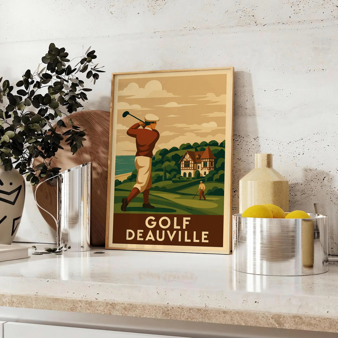 Poster showing vintage Deauville golf scene in brown and green tones