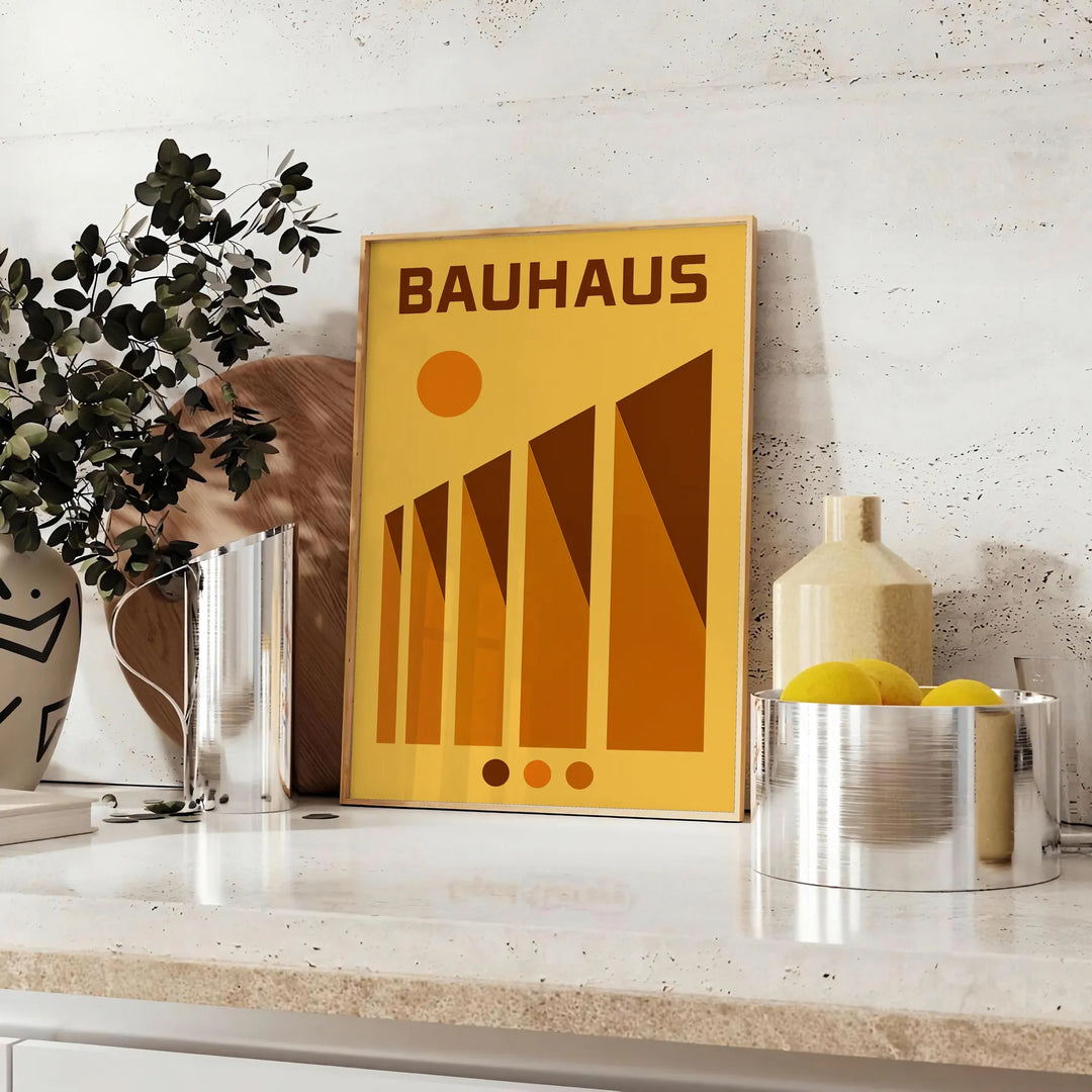 Geometric abstract forms in yellow, red, green, and orange inspired by Bauhaus