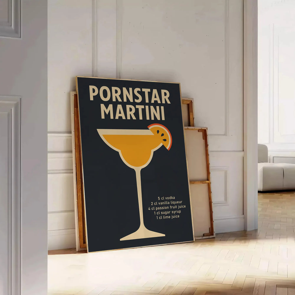 Black and gray modern poster of a Pornstar Martini cocktail illustration