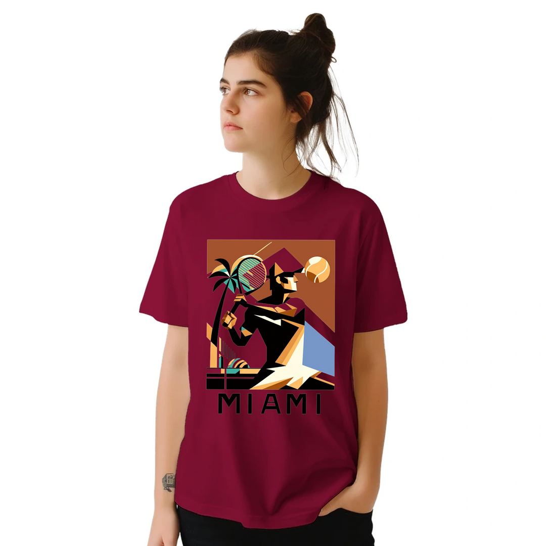 T-shirt featuring a tennis player in action against a Miami skyline