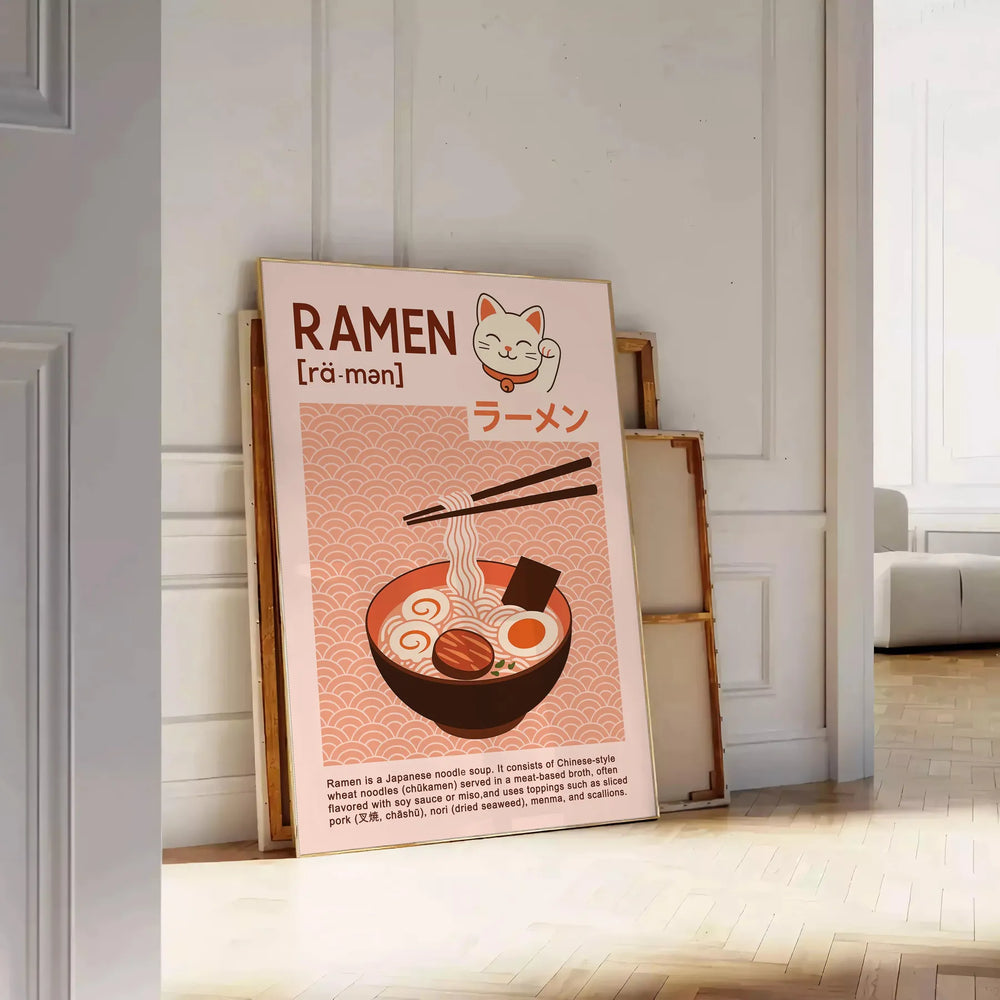 Illustration of a Maneki Neko holding ramen in a cozy kitchen setting