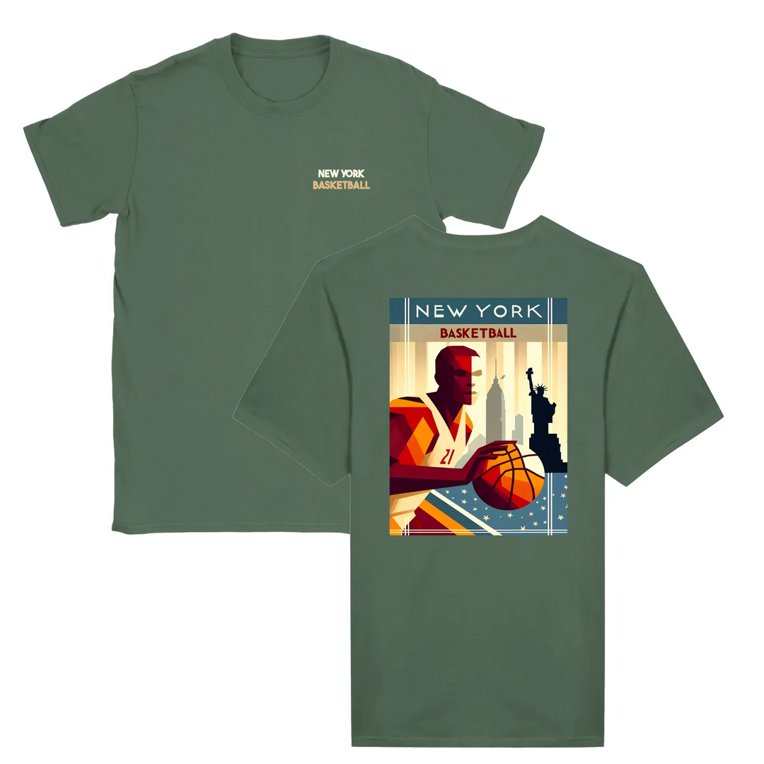 T-shirt featuring a graphic of a basketball and New York skyline