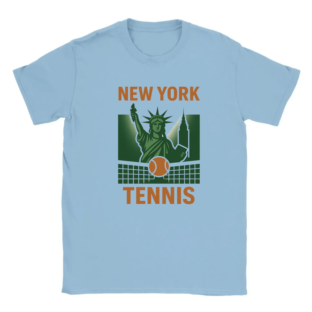 T-shirt featuring a graphic of tennis rackets and balls with New York text