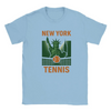 T-shirt featuring a graphic of tennis rackets and balls with New York text