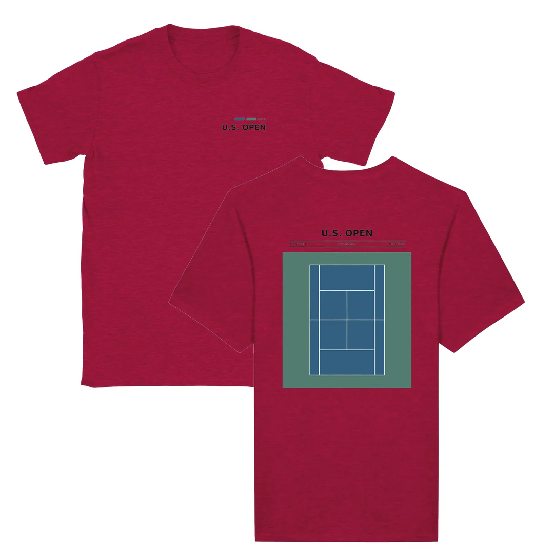 T-shirt featuring a graphic of a tennis player serving at the US Open