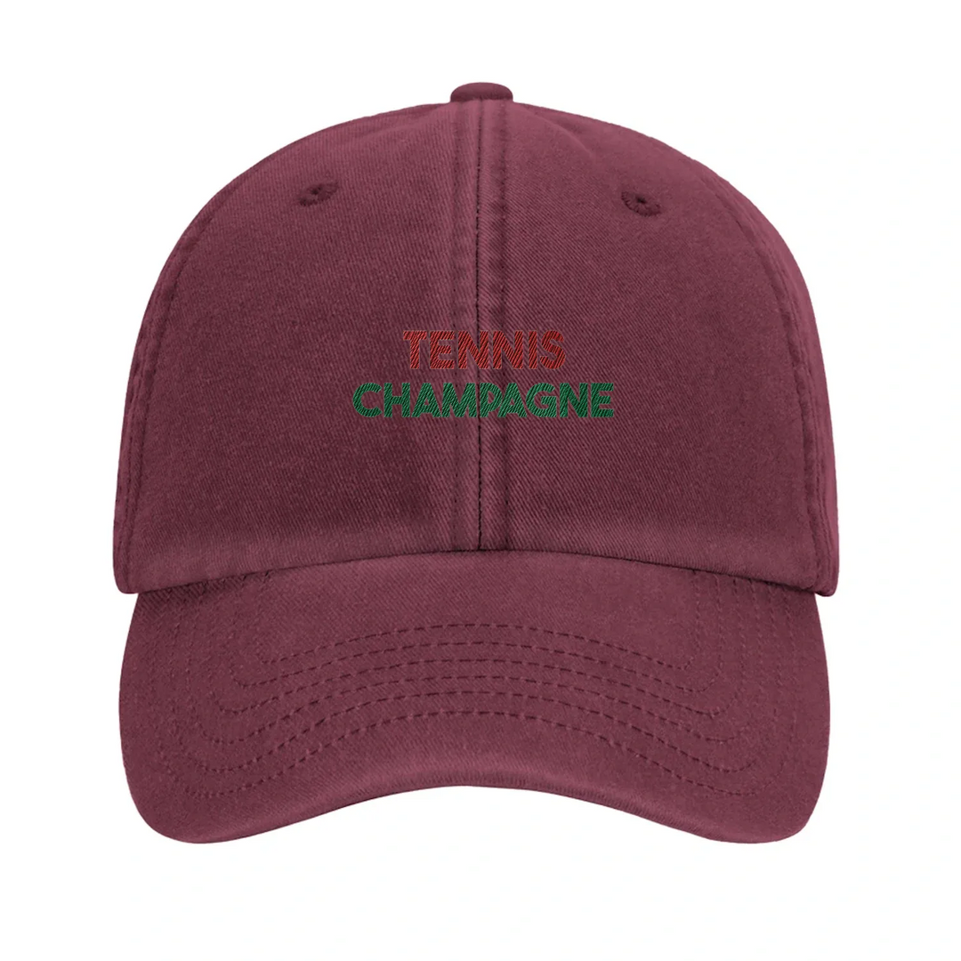 Embroidered cap featuring a vintage tennis design with champagne elements
