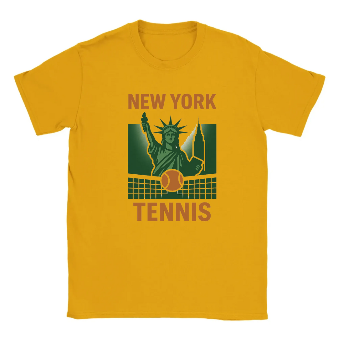 T-shirt featuring a graphic of tennis rackets and balls with New York text