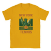 T-shirt featuring a graphic of tennis rackets and balls with New York text