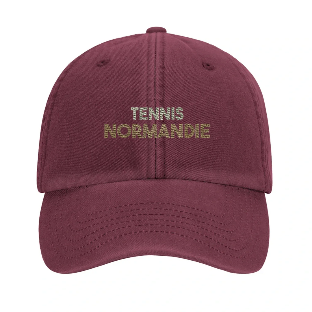 Embroidered cap featuring a vintage tennis design with Normandie text