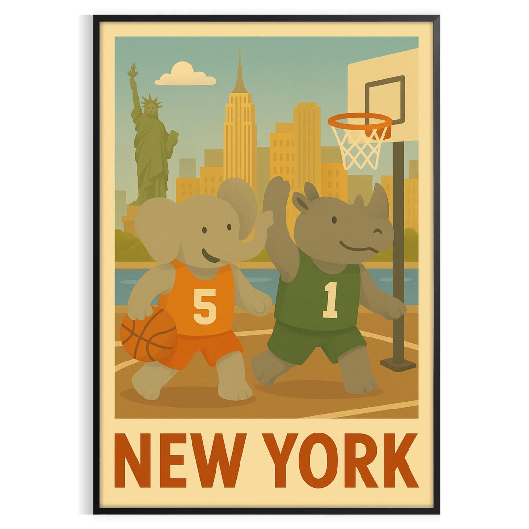Illustration of an elephant and rhinoceros playing basketball in New York