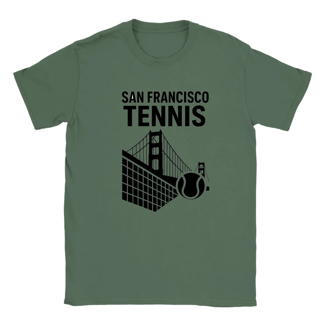 T-shirt featuring a graphic of San Francisco's iconic skyline with tennis elements