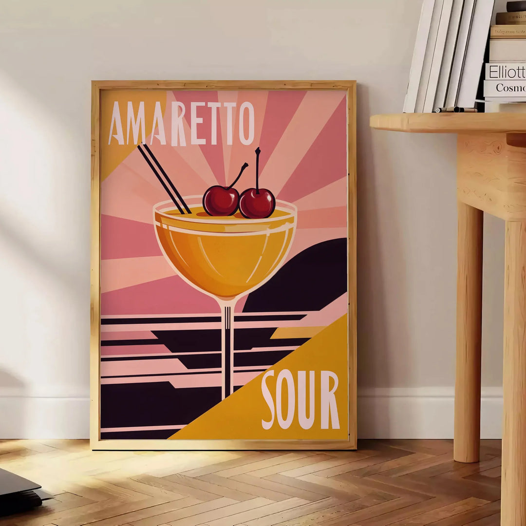 Illustration of an Amaretto Sour cocktail with orange and red hues