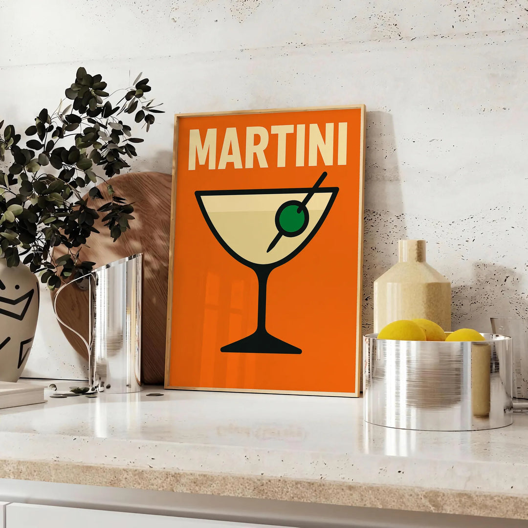 Czarny i pomarańczowy plakat martini, minimalistyczna grafika koktajlu na ścianę