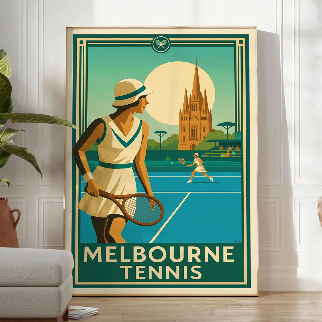 Melbourne tennis poster in brown and green, minimalist sport artwork