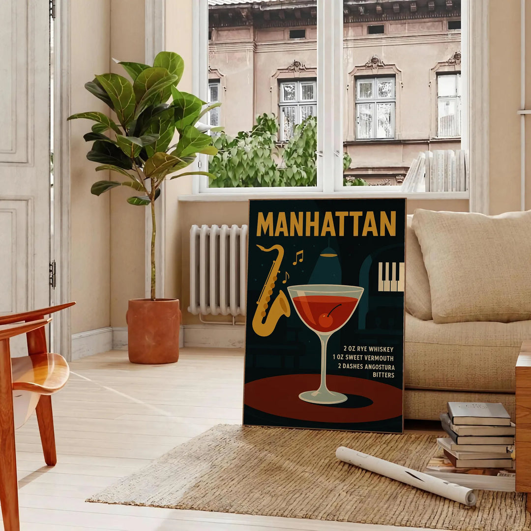 Black and gray Manhattan cocktail poster, minimalist bar illustration print