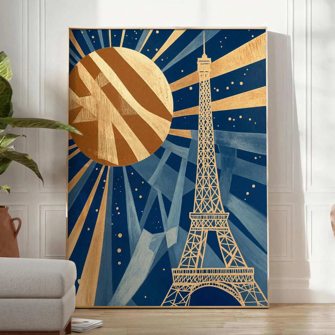 Art Deco poster of Paris featuring a stylized city skyline in green and brown