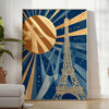 Art Deco poster of Paris featuring a stylized city skyline in green and brown