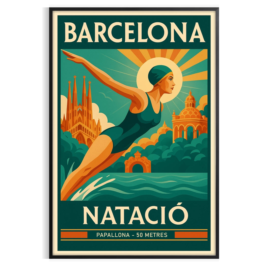Swimmer diving in front of the Barcelona skyline, featuring yellow and green tones
