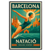 Swimmer diving in front of the Barcelona skyline, featuring yellow and green tones