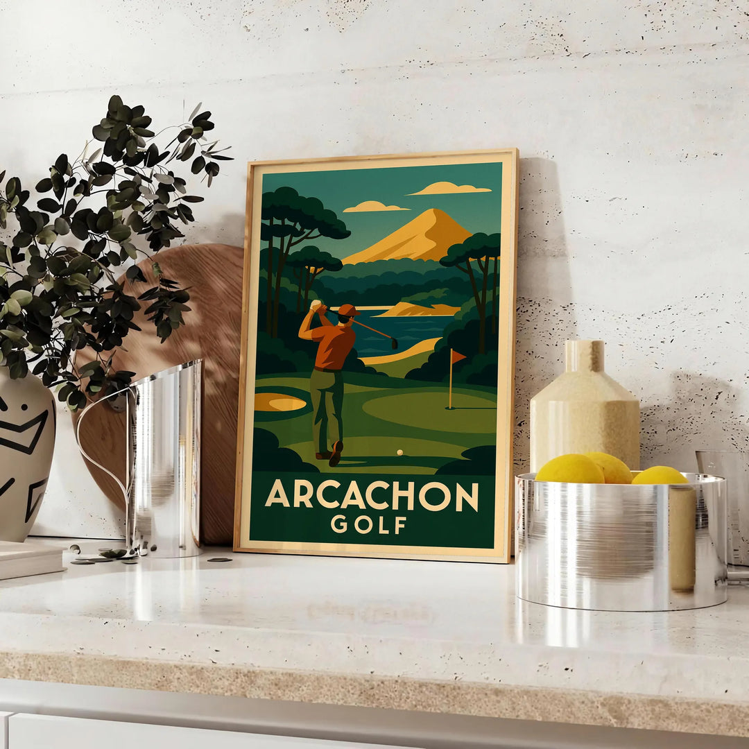Εικονογράφηση art deco του γηπέδου γκολφ Arcachon σε κίτρινες και γκρι αποχρώσεις
