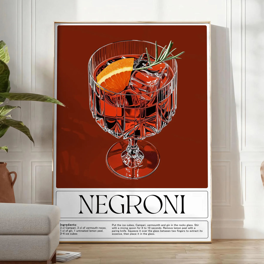 Minimalist Negroni cocktail poster, gray and brown watercolor composition