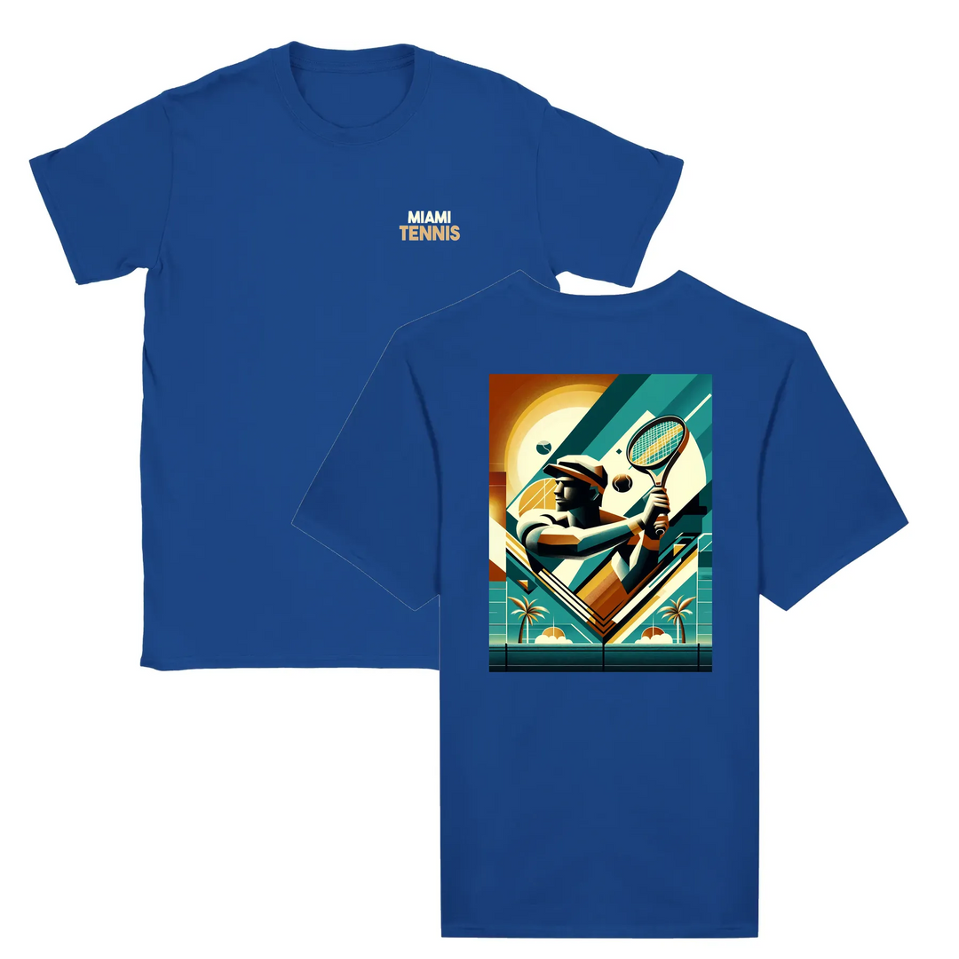 T-shirt featuring a graphic of a tennis player in action against a Miami skyline