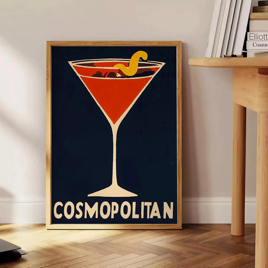 Colorful illustration of a Cosmopolitan cocktail with orange and gray splashes