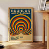 Poster showing a Bauhaus circular abstract design in blue and red