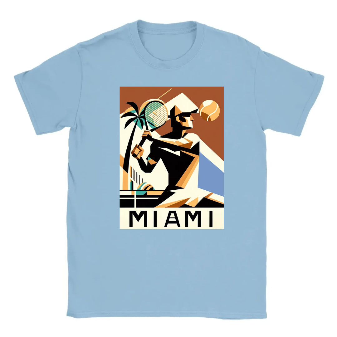 T-shirt featuring a graphic of a Miami tennis court with retro typography