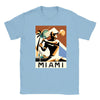 T-shirt featuring a graphic of a Miami tennis court with retro typography
