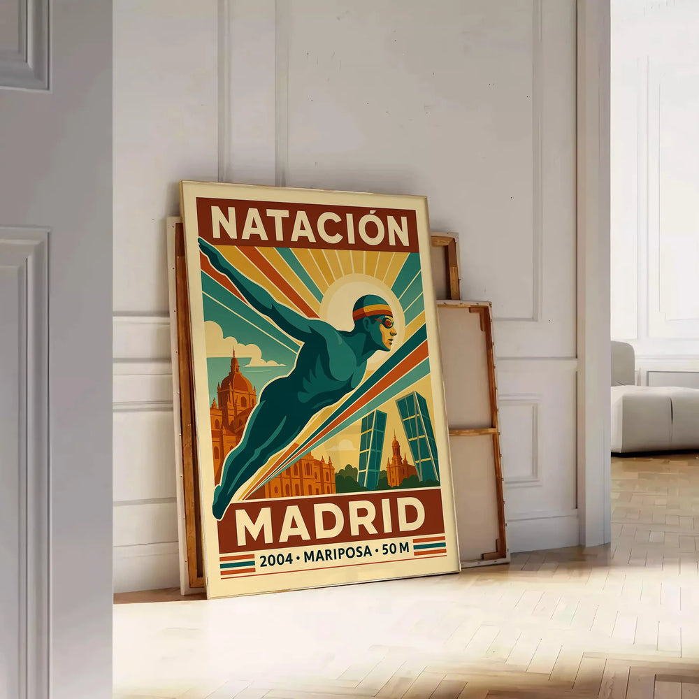 Brown and red stylized Madrid swimming poster with vintage illustration