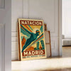 Brown and red stylized Madrid swimming poster with vintage illustration