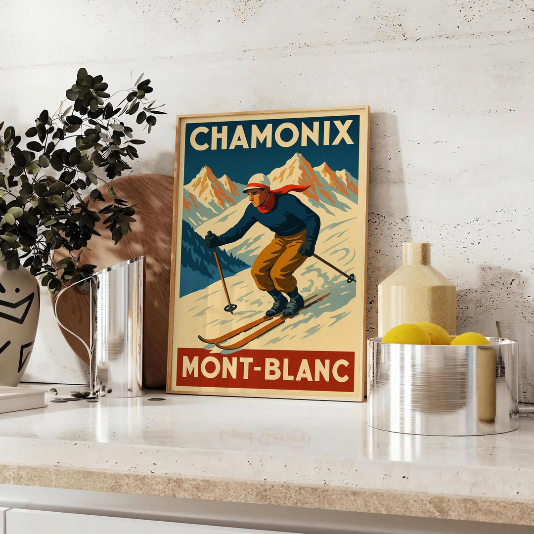 Vintage ski scene featuring Mont Blanc in white, brown, and red hues