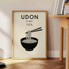 Stylized udon noodle bowl with chopsticks, orange and black graphic art