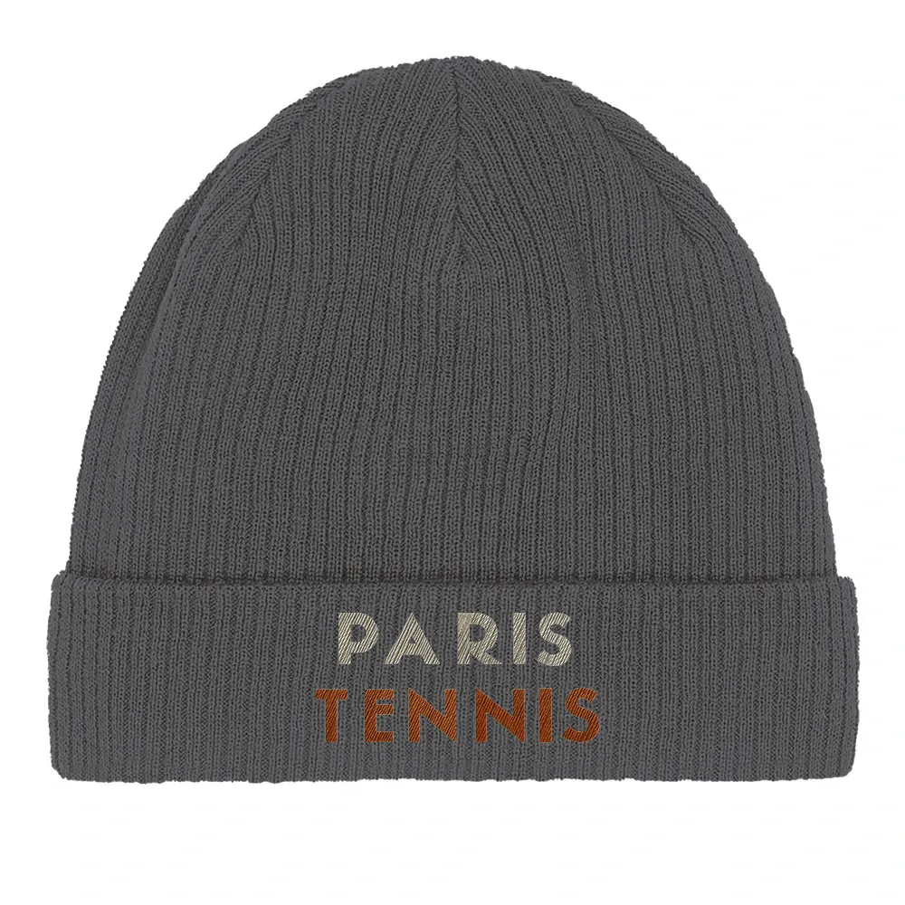 Embroidered beanie featuring a tennis design inspired by Paris