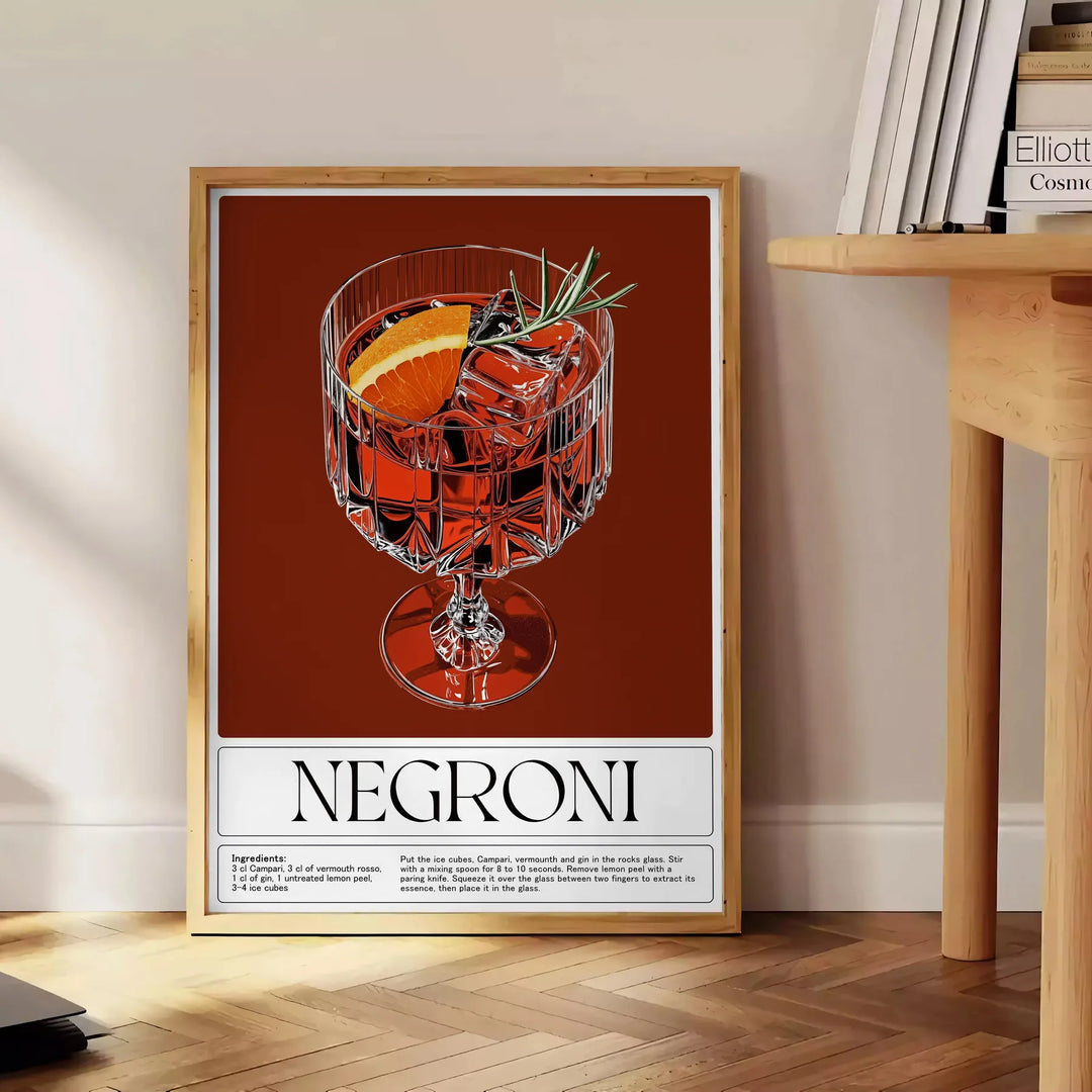 Minimalist Negroni cocktail poster, gray and brown watercolor composition