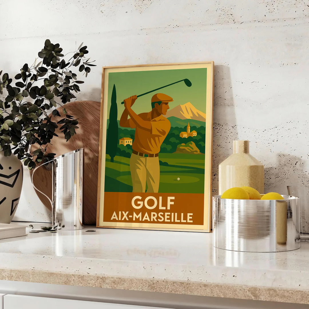 Vintage illustration of a golf course in Aix-Marseille with green hills and blue sky