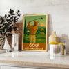Vintage illustration of a golf course in Aix-Marseille with green hills and blue sky