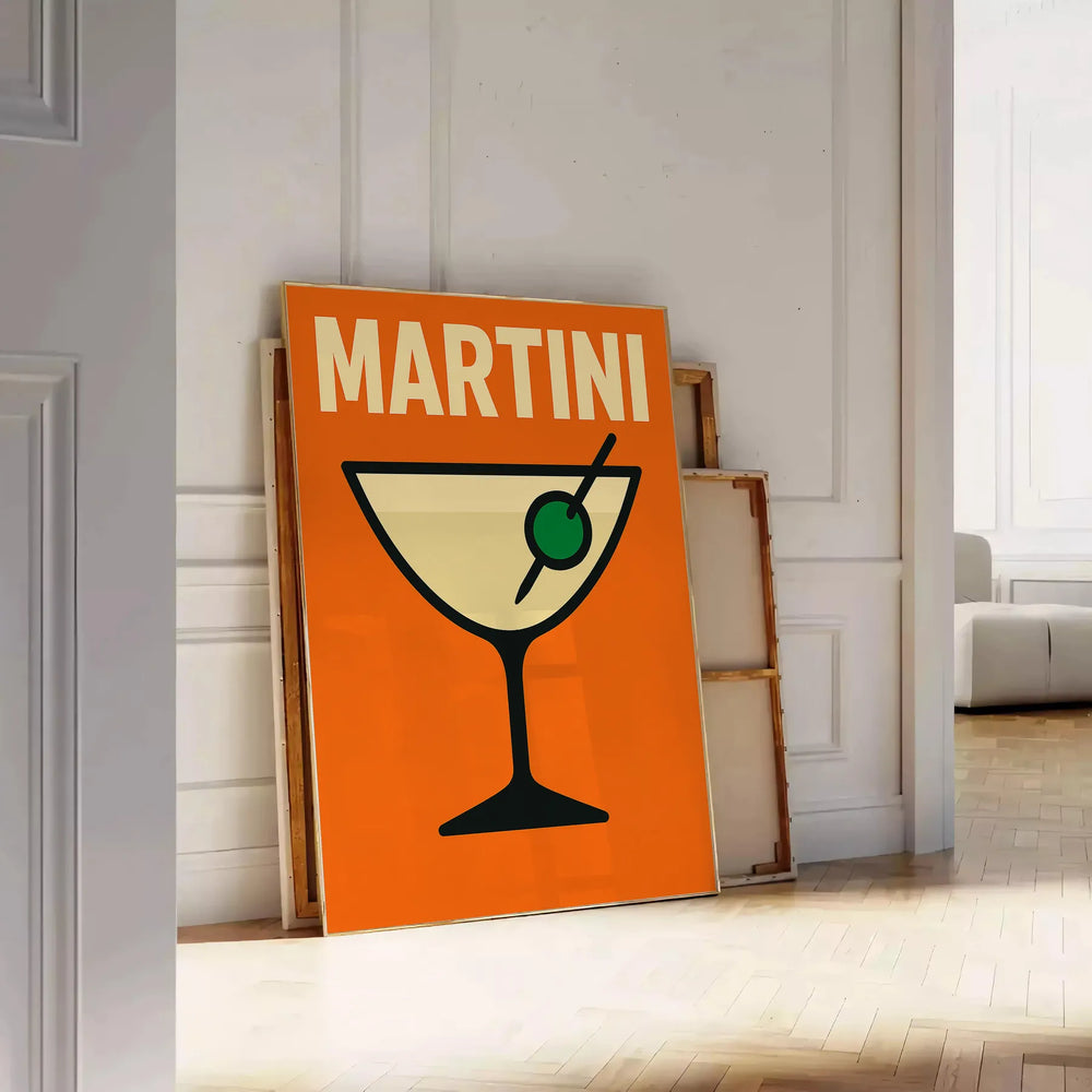 Black and orange martini poster, minimalist graphic cocktail artwork for wall