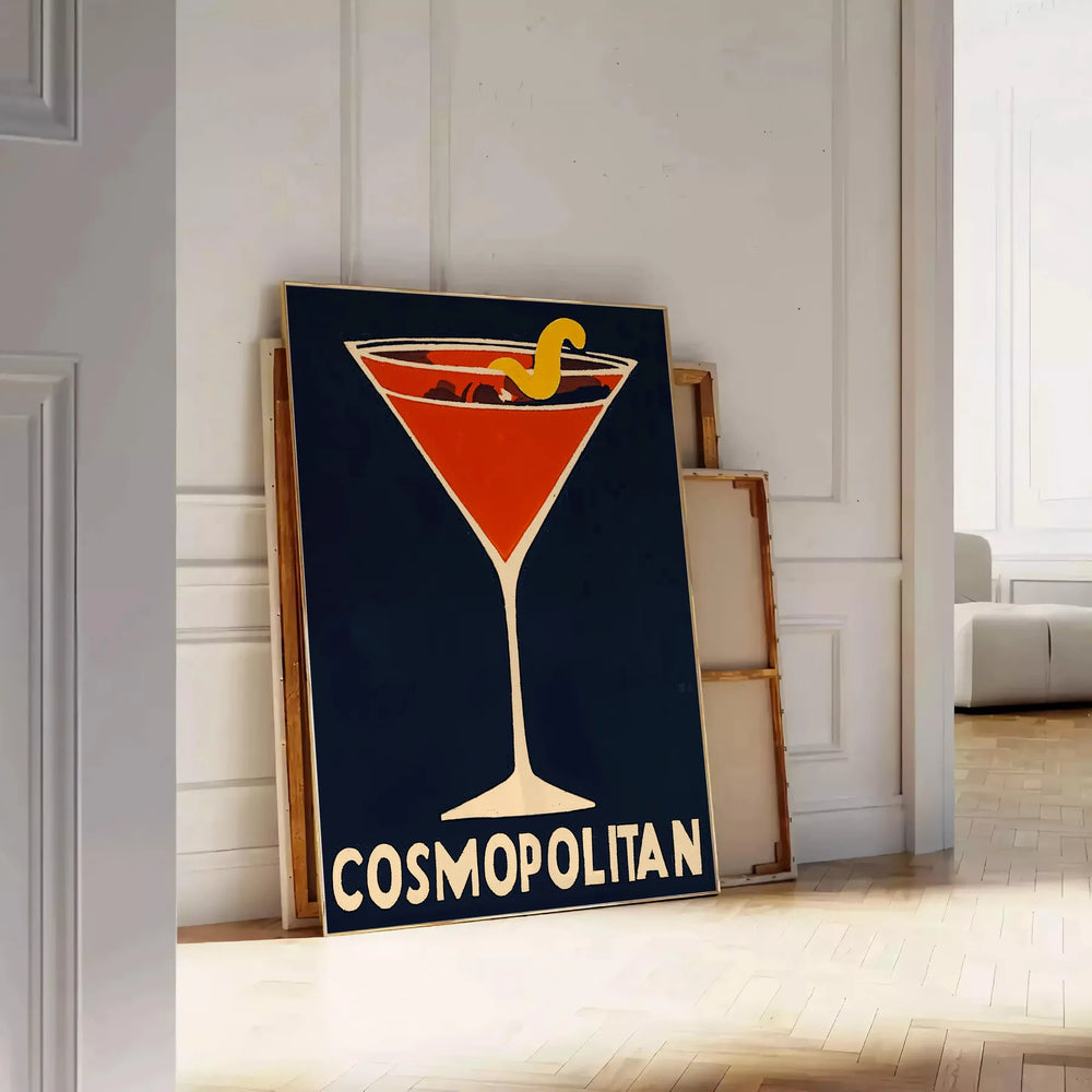 Colorful illustration of a Cosmopolitan cocktail with orange and gray splashes
