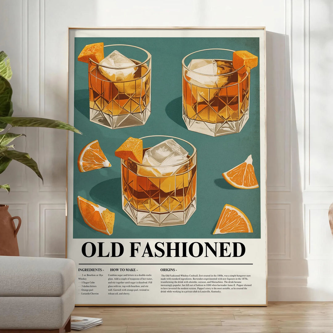 Vintage poster of an Old Fashioned cocktail in orange and gray