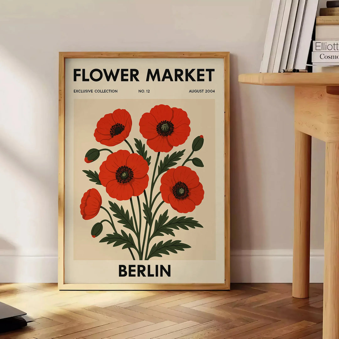 Botanical poster of Berlin flower market in black and red