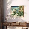 Woodblock-style landscape featuring a bridge shrouded in clouds