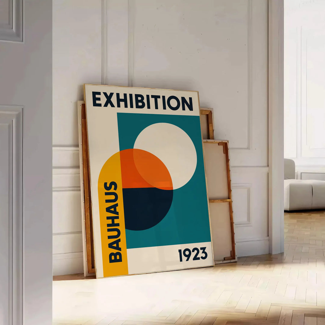 Bauhaus exhibition poster featuring geometric abstract design in blue and green