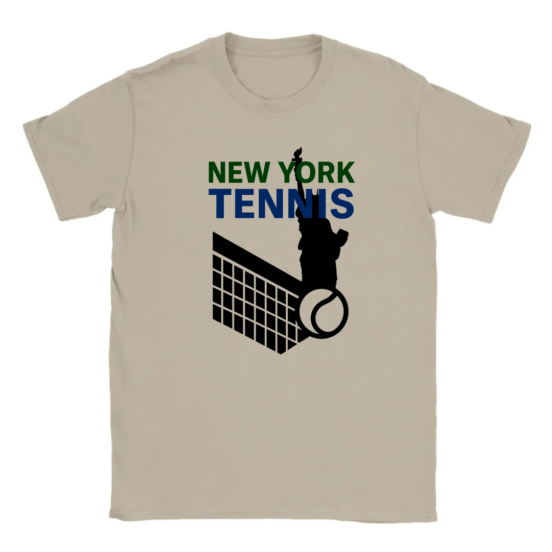 T-shirt featuring a graphic of tennis rackets and a ball with New York text