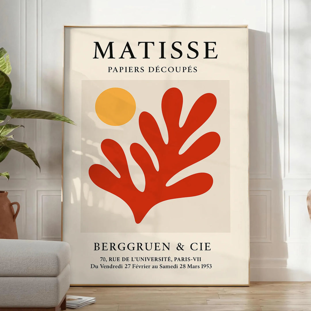 Kompozycja z papieru wyciętego przez Matisse z wyraźnymi czarnymi i pomarańczowymi kształtami