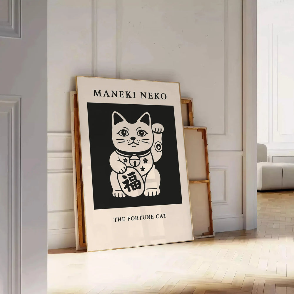 Gray and orange Maneki Neko fortune cat poster, minimalist Japanese illustration