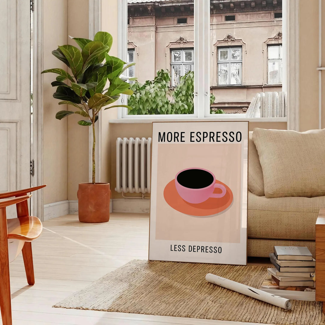 Black and orange typographic kitchen poster reading 'More Espresso Less Depresso'