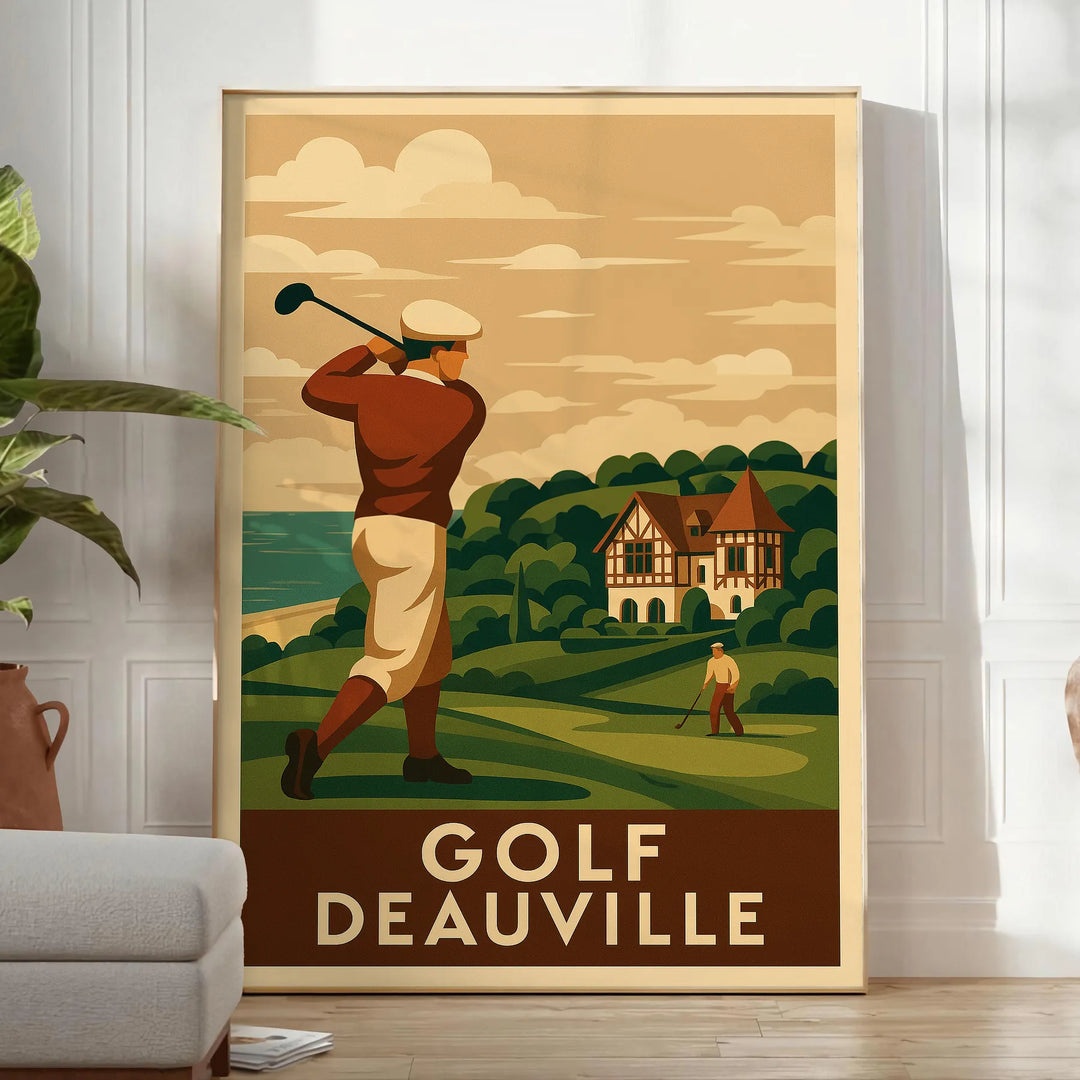 Poster showing vintage Deauville golf scene in brown and green tones